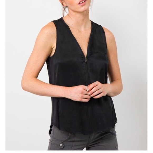 Silk V Neck GoBy GoSilk Metal Zip Pullover Top Mex Media Woven Raw Hem Washable - Picture 7 of 7